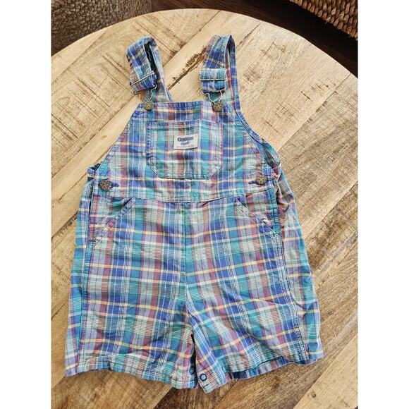 Oshkosh B'Gosh Vintage Plaid Overall Shorts Youth Size 4T 100% Cotton - Picture 2 of 8